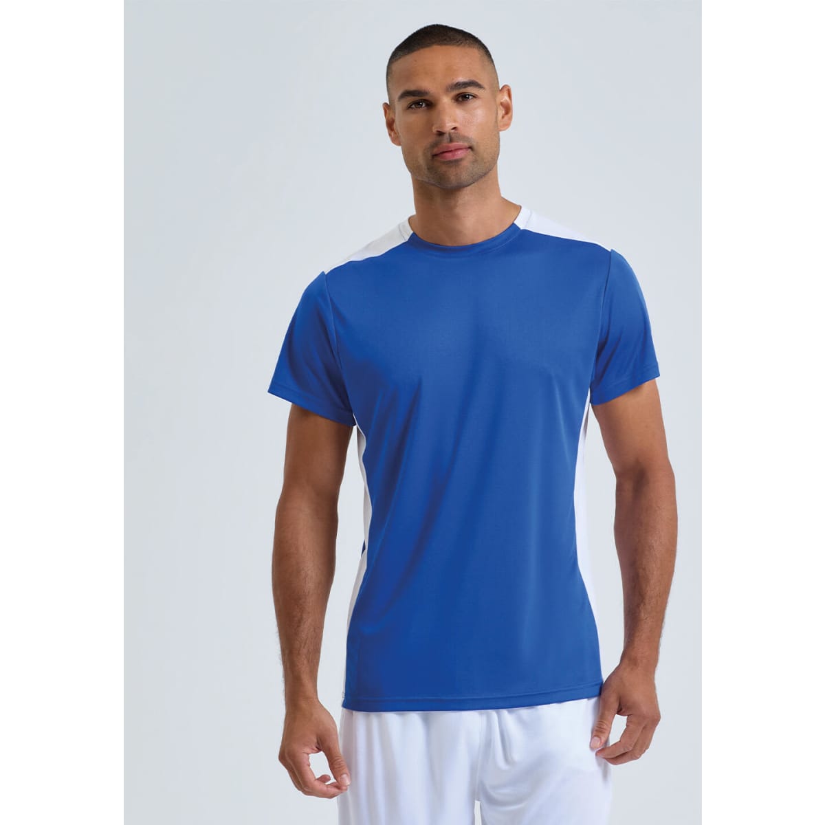 A blue performance t-shirt with white shoulder accents and a logo, featuring a fitted design on a male model.