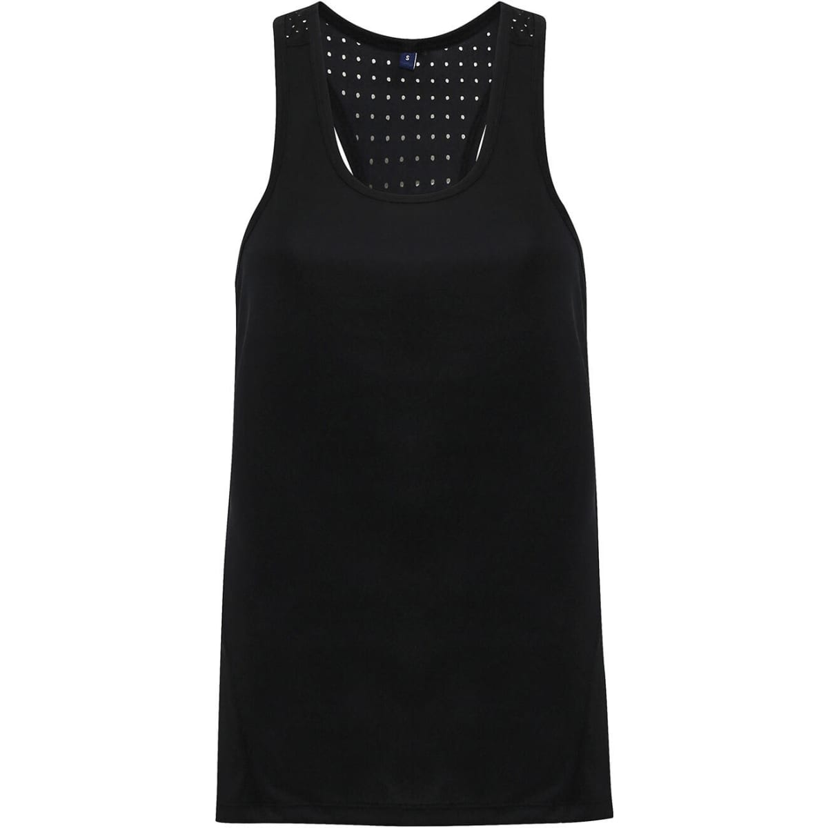 A black vest featuring laser cut detailing, with a sleeveless design and a scoop neckline. It has a logo.
