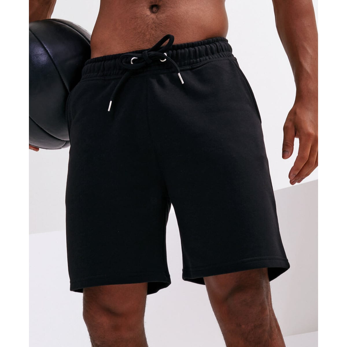 Black jogger shorts with an elasticated waistband, featuring a drawstring and side pockets. A logo is visible.