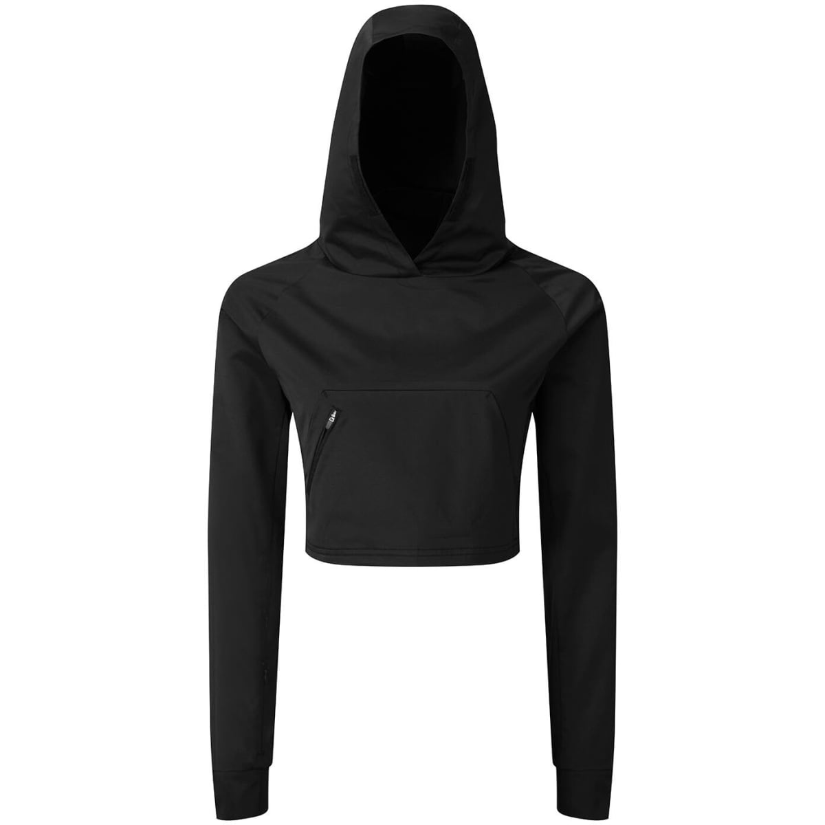 A cropped black jacket with a hood and a front zippered pocket, featuring a logo on the fabric.