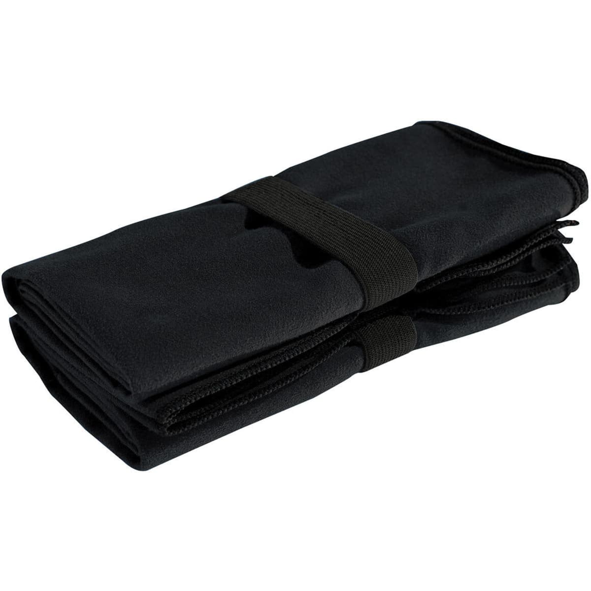 A black microfibre quick-dry fitness towel, neatly folded and secured with a strap, featuring a logo.