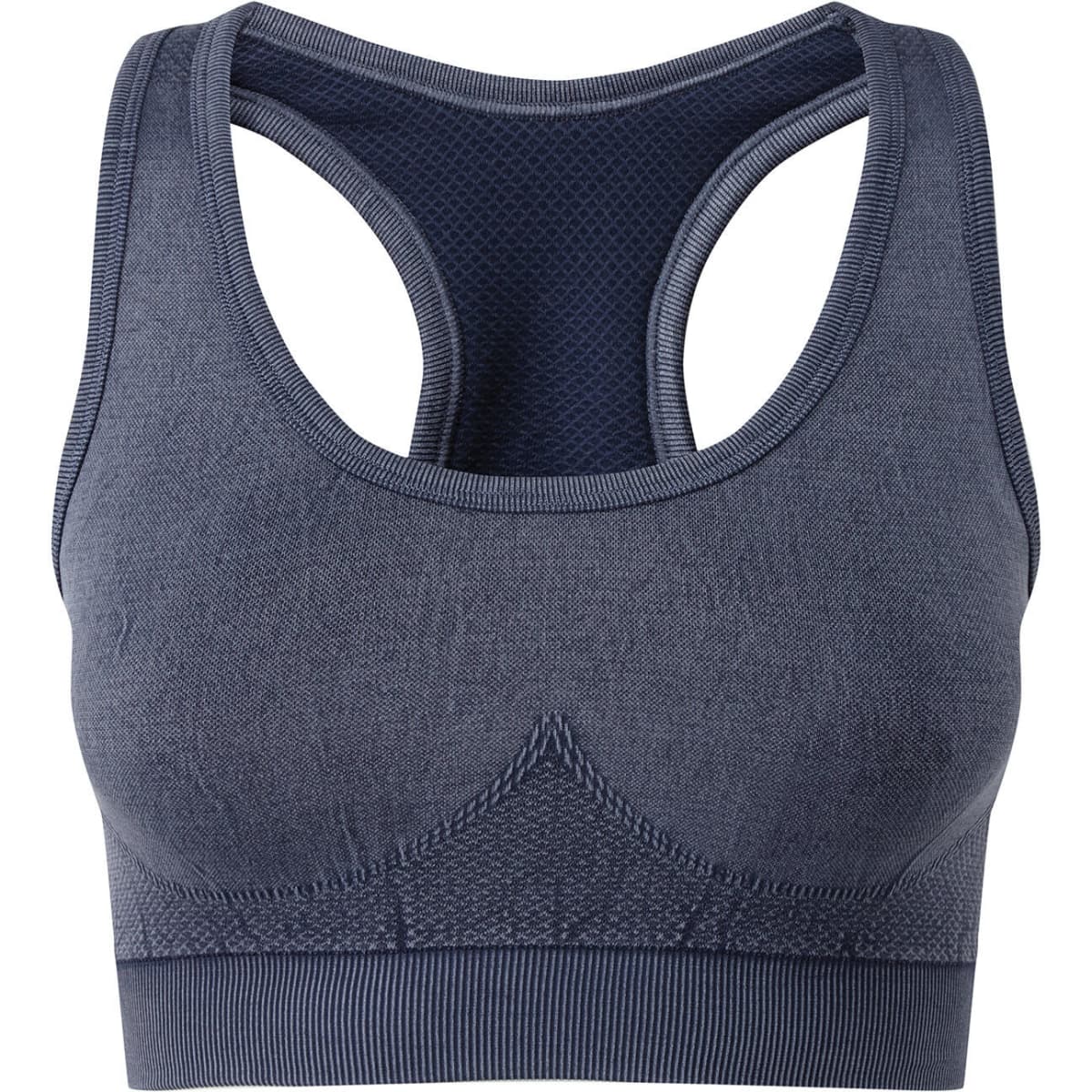 A grey sport bra with a seamless design and a mesh back, featuring a logo.