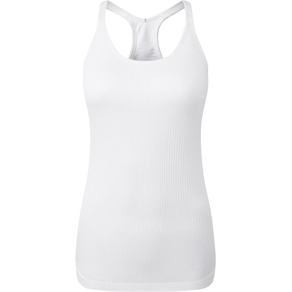 A white seamless sports vest featuring a racerback design and a ribbed texture. It has a small logo on it.