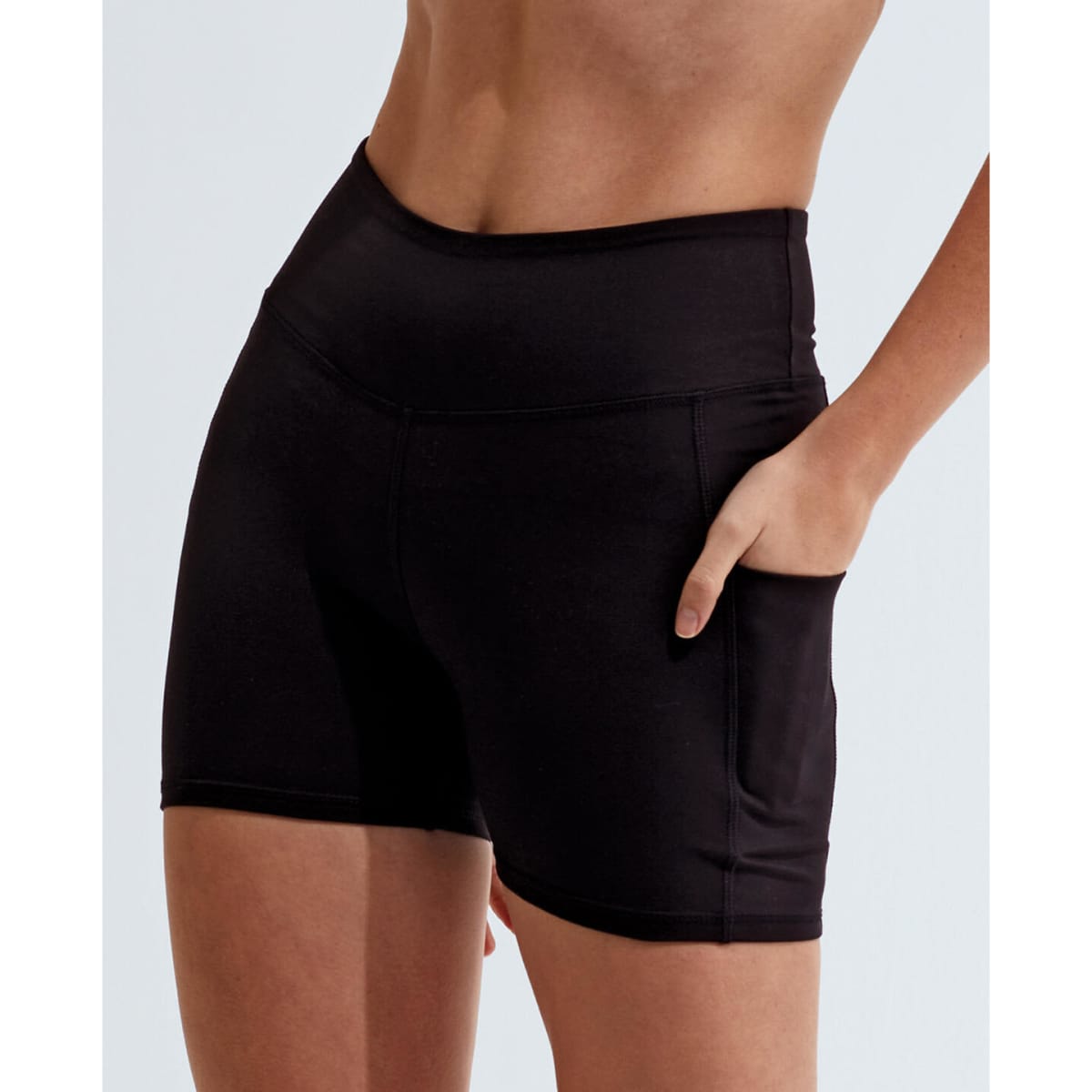 Black recycled micro shorts featuring a fitted design and side pocket. Also includes a logo on the waistband.