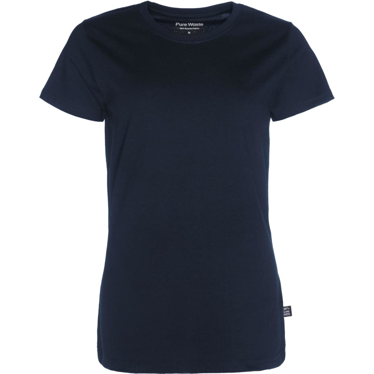 A women's T-shirt in navy blue featuring a classic crew neckline and a logo tag.