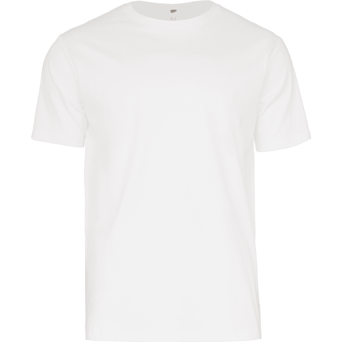 A plain white T-shirt with short sleeves. The shirt features a logo on the front.