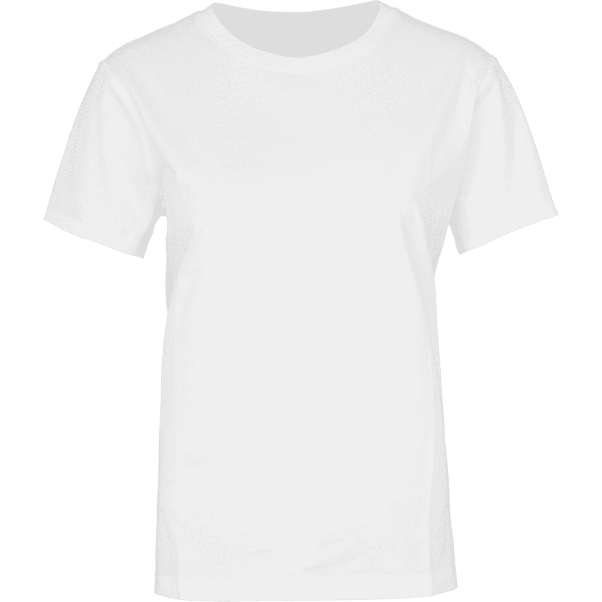 A plain white women's T-shirt with short sleeves and a simple design. It features a small logo on the front.