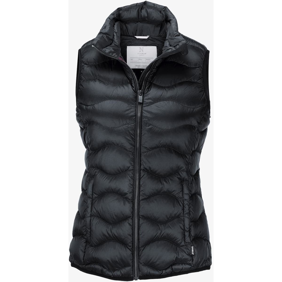 A black puffy vest featuring a zip front, high collar, and a logo on the side.