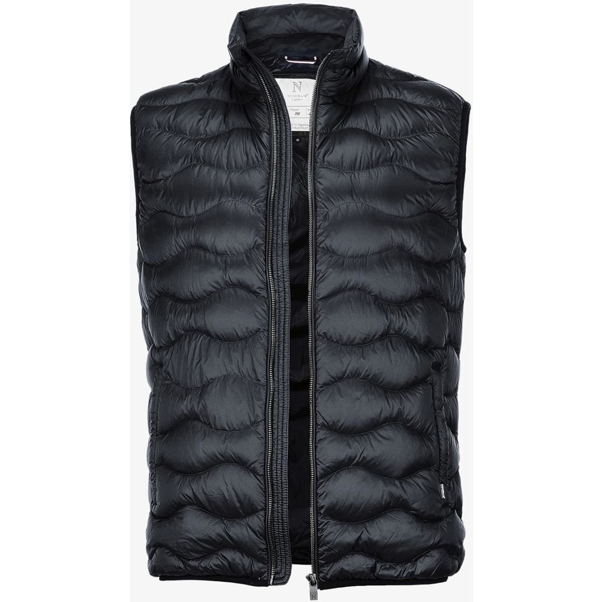 A black puffer vest with a zip front and a high collar, featuring a logo on the side.