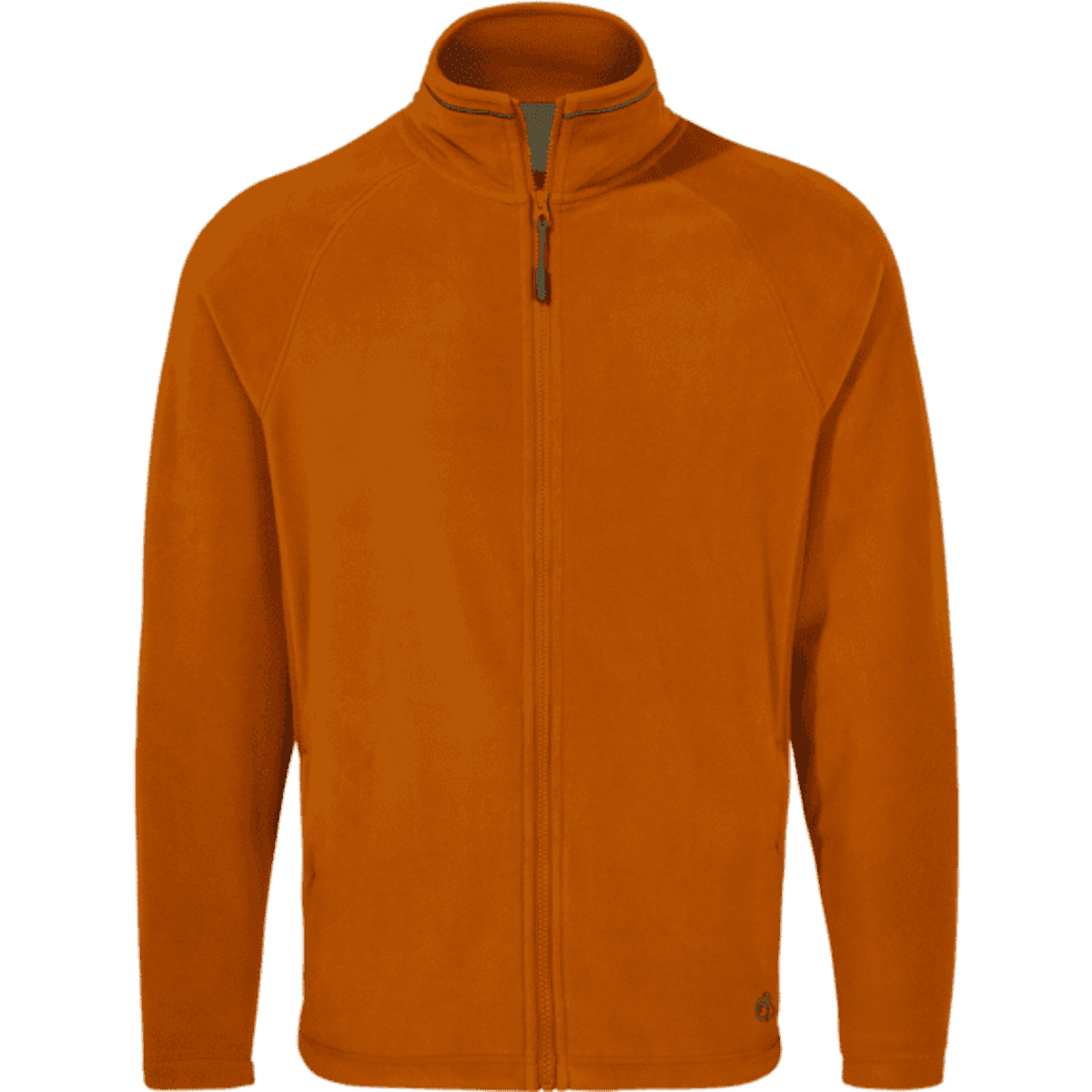 An orange fleece jacket, featuring a zip front and a collar, with a small logo at the bottom.