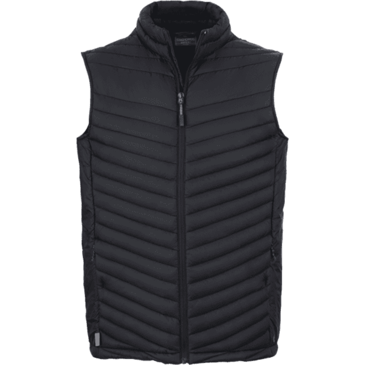 A black thermal vest with a zipped front and a high collar. It features a quilted design and a logo.