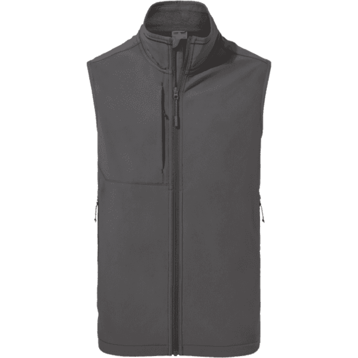 A softshell vest in dark grey, featuring a front zip and one chest pocket, with branding on the fabric.