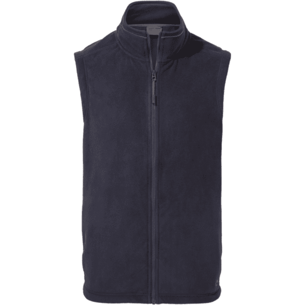 A navy fleece vest with a high collar and a front zipper. It features a logo on the fabric.