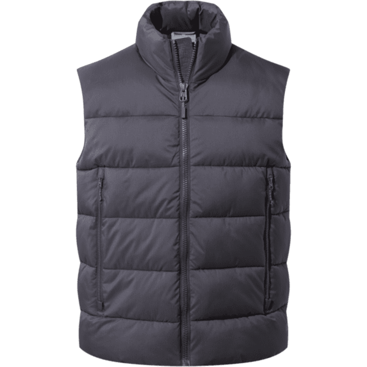 A dark grey padded vest featuring a high collar and zipped pockets on the front.
