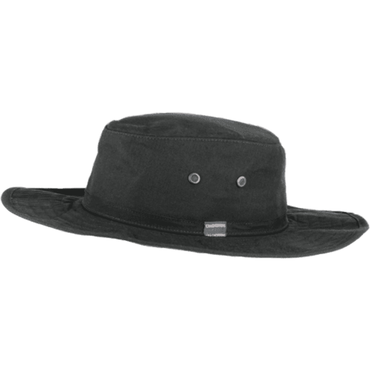 A black bucket hat with a wide brim and two ventilation holes, featuring a logo on the front.
