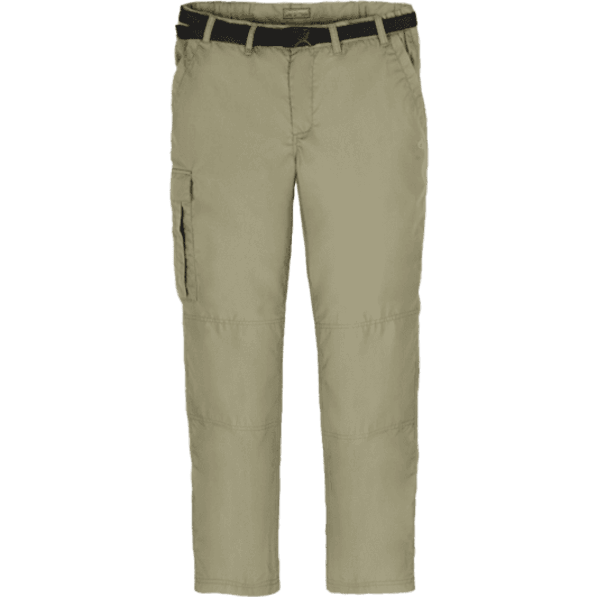 Khaki tailored trousers with a belt and side cargo pocket, designed for workwear. Features a logo on the waistband.