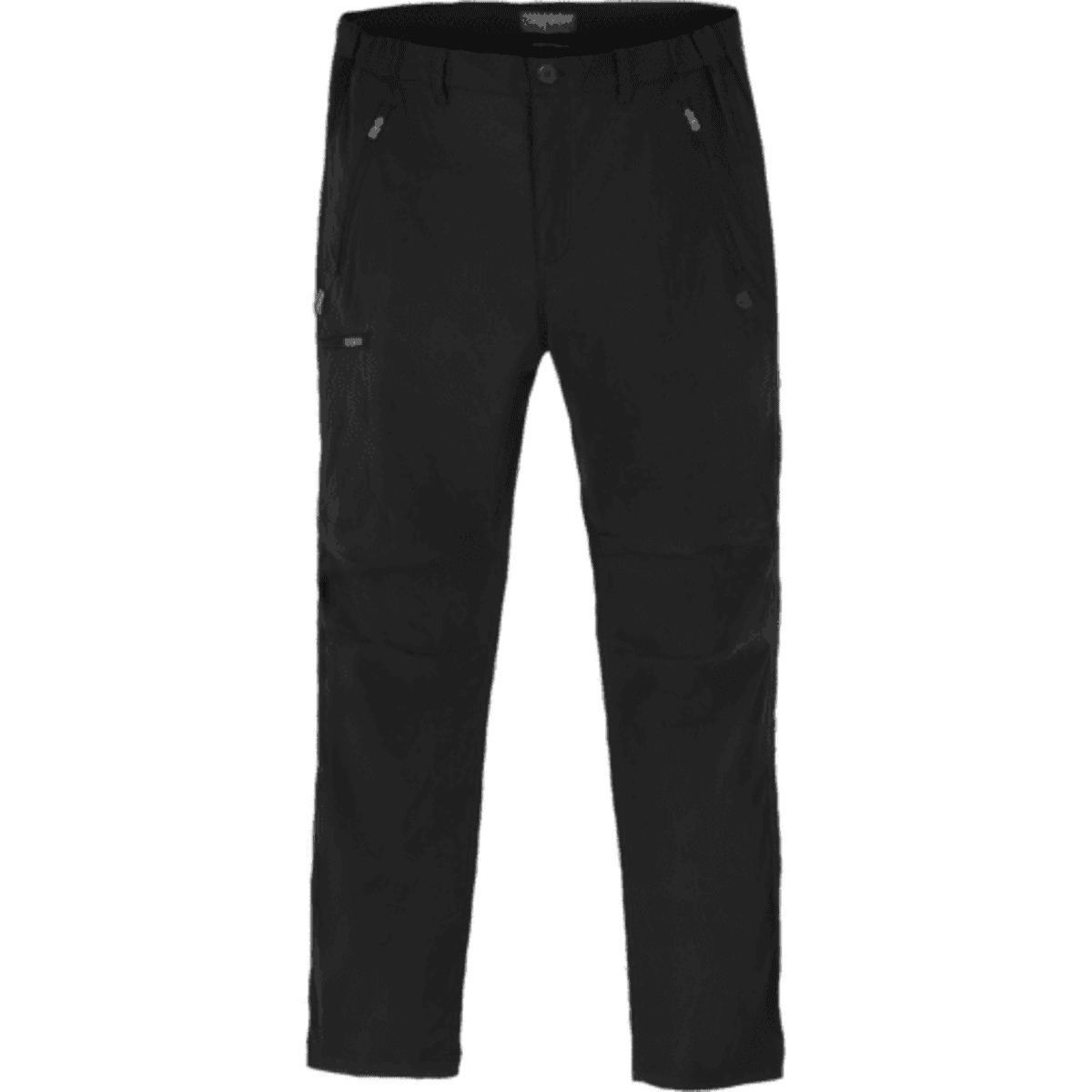 Black Kiwi Pro Stretch Trousers featuring multiple pockets and a logo, designed for comfort and mobility.
