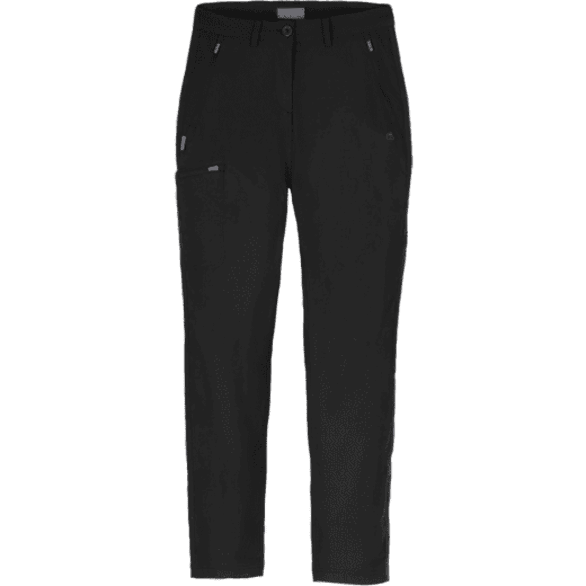 Black women's trousers featuring stretchy fabric, with multiple pockets and a logo on the waistband.