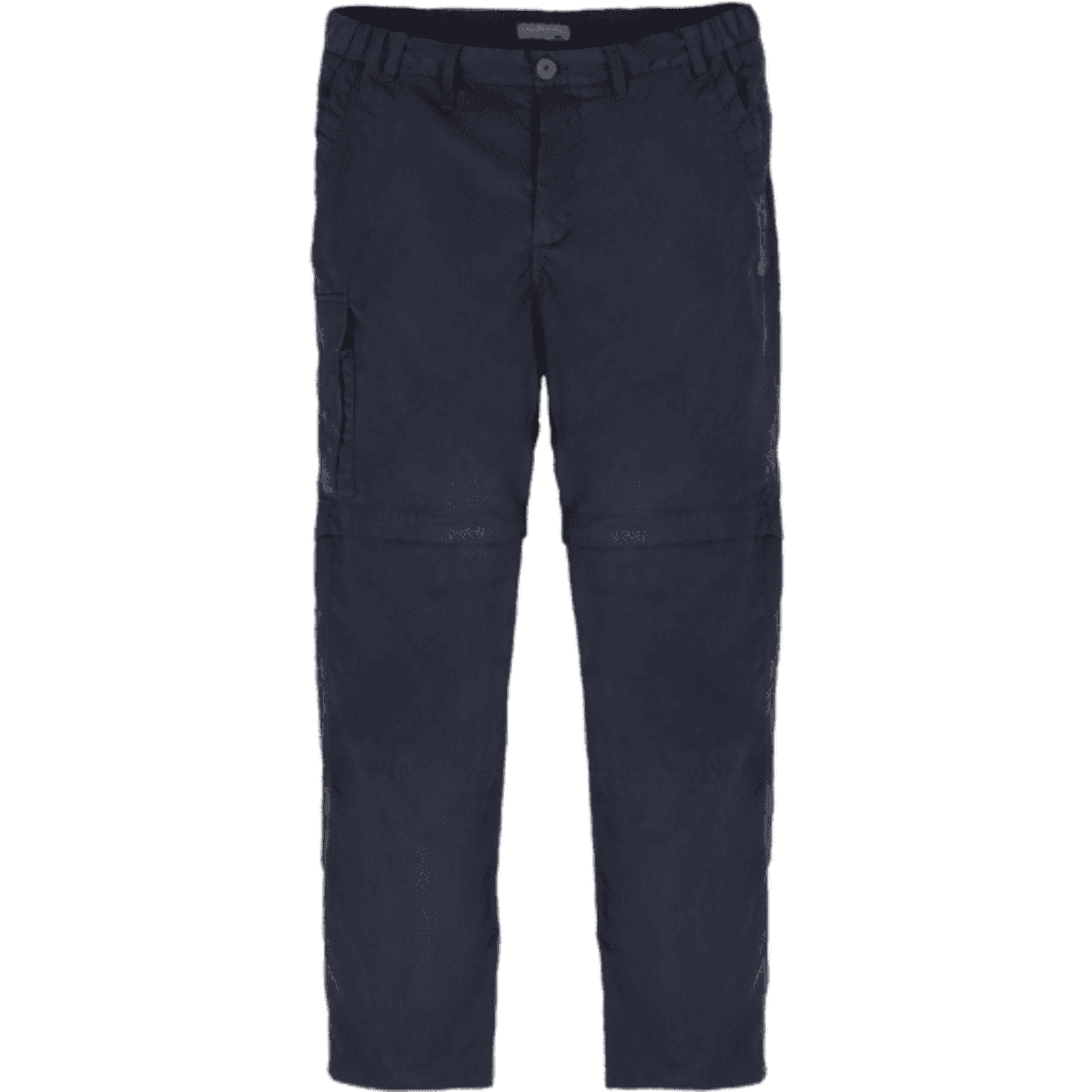 Navy blue convertible cargo trousers with multiple pockets and a logo. Designed for versatility and comfort.