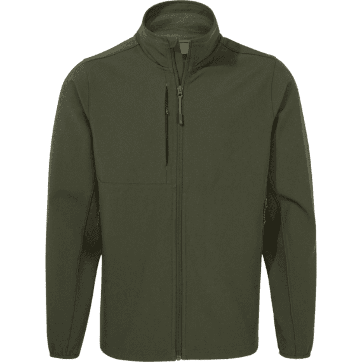 A softshell jacket in a dark green colour, featuring a zip front and multiple pockets. It has a logo on it.