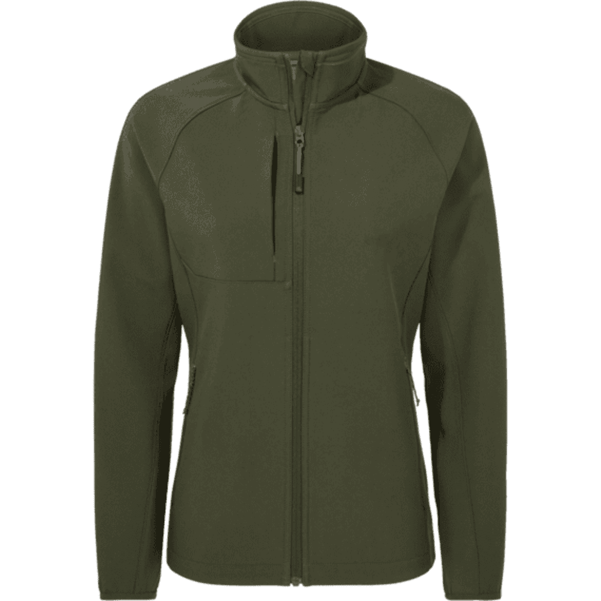 A women's softshell jacket in dark green with a zip front and a logo. Features a high collar and a simple design.