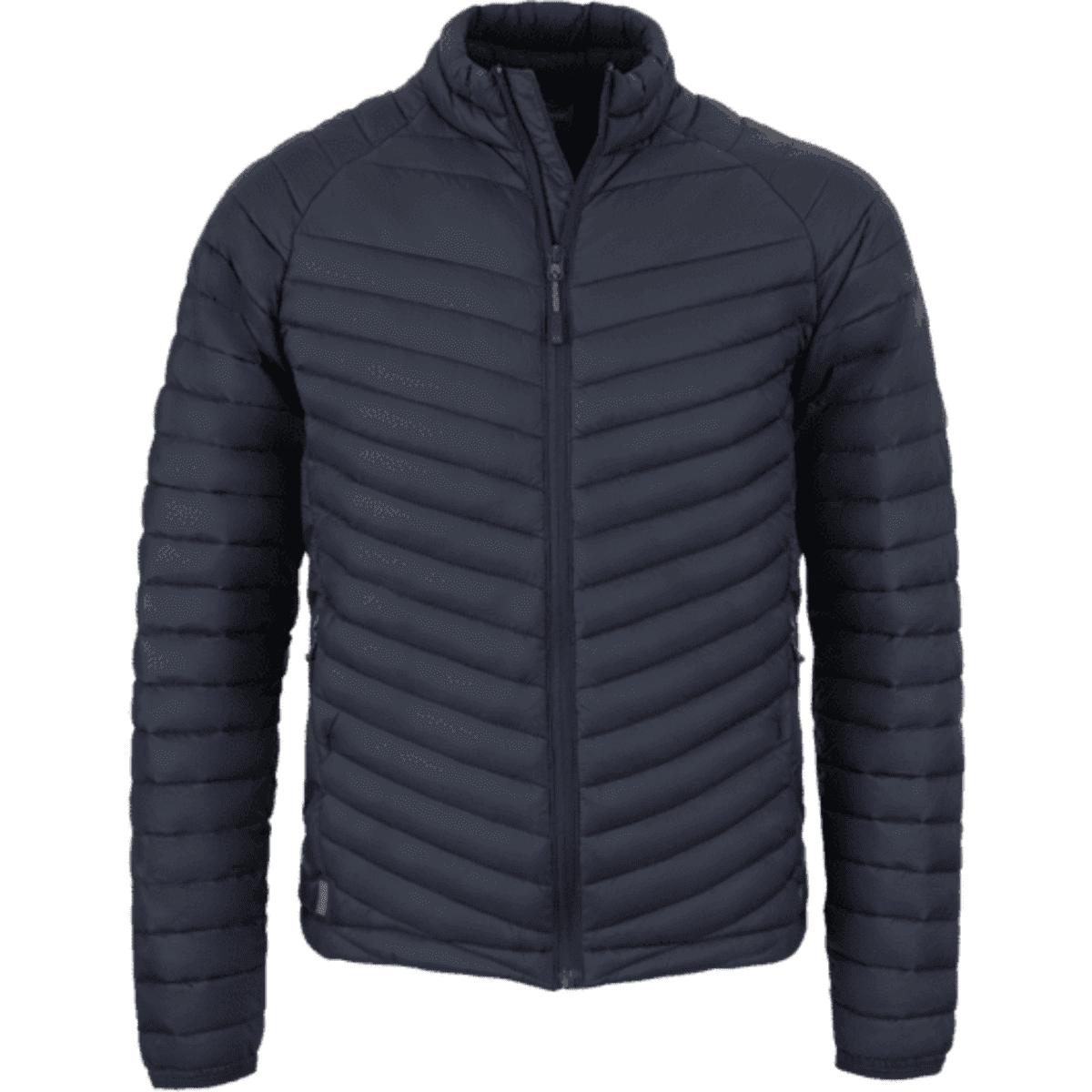 A puffer jacket in navy blue with a zip front and a chevron pattern. It features a collar and long sleeves.