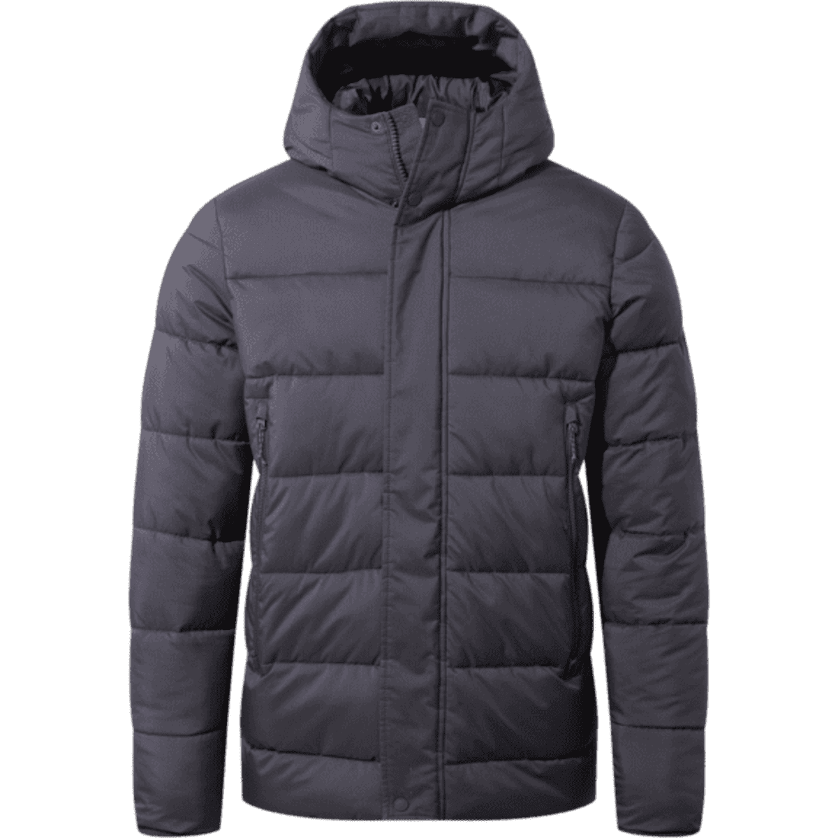 A winter padded jacket in dark grey featuring a hood and zippered pockets, with a plain design and branding.