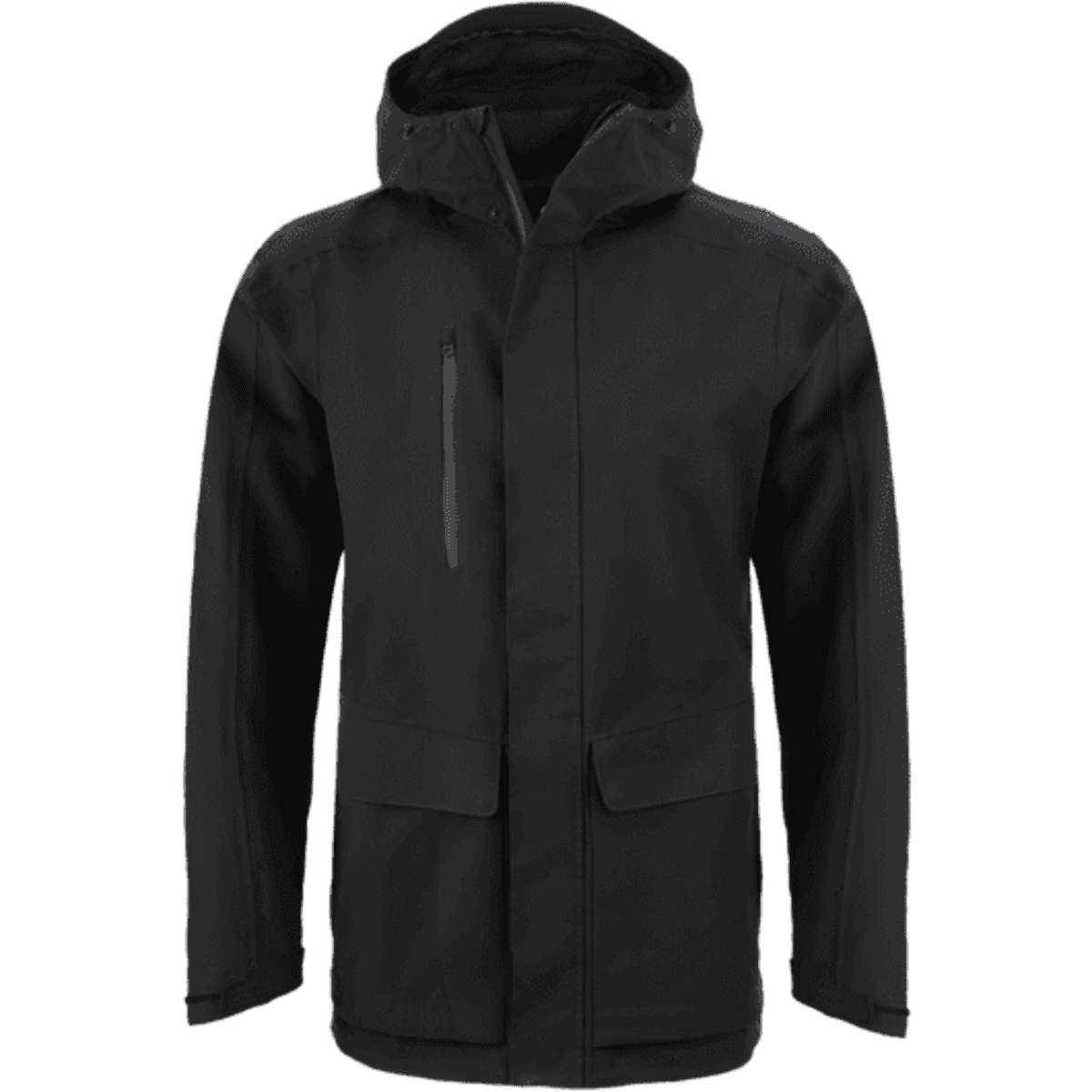 A black jacket with a hood, featuring zippers and pockets, designed for multifunctional use.