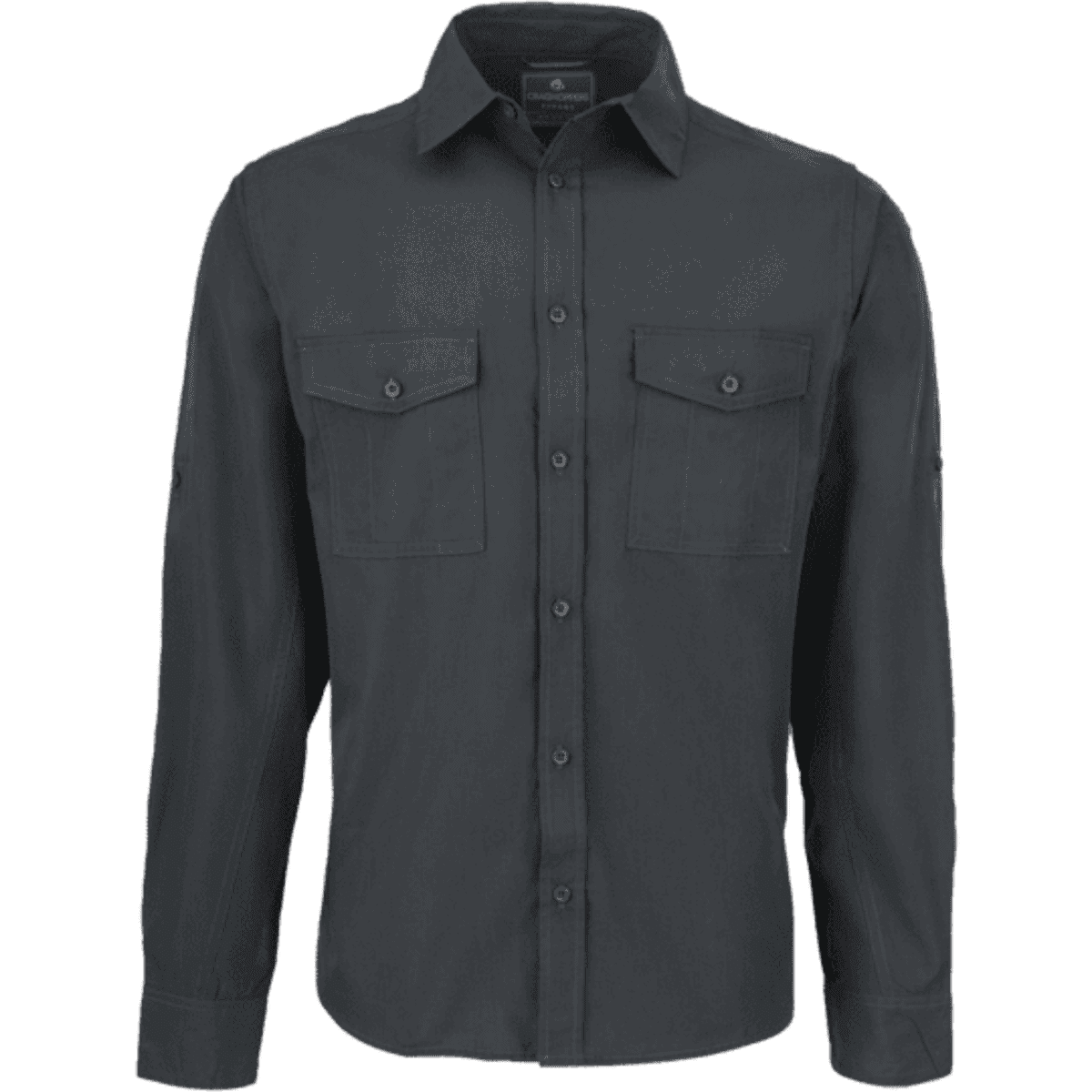 A dark grey button-up shirt with long sleeves and two chest pockets, featuring a logo on the label.
