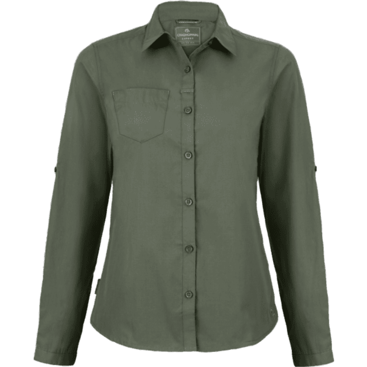 A women's long-sleeve shirt in khaki green with button-up front and chest pocket, featuring a logo.