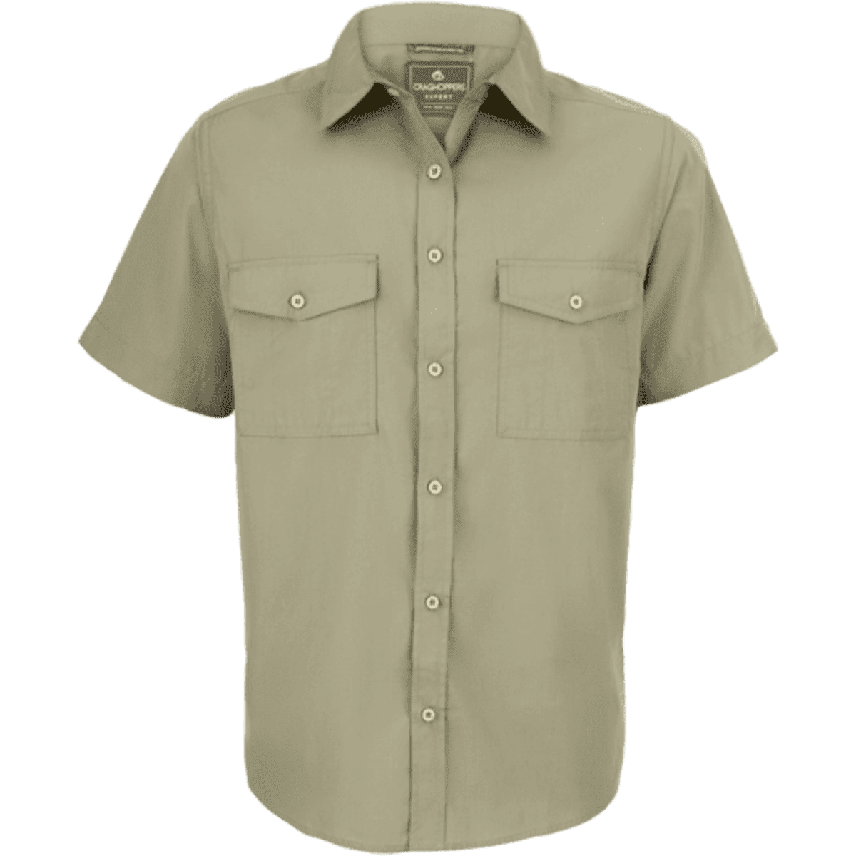 A short-sleeved shirt in olive green, featuring two chest pockets and a button-down front. It has a logo on the label.