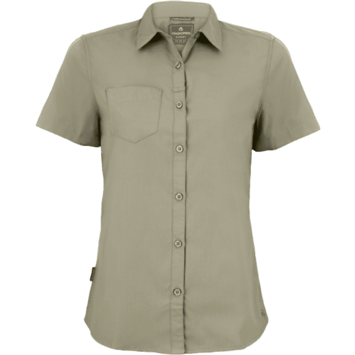 A short-sleeved, button-up women's shirt in a light green colour, featuring one chest pocket and a small logo.