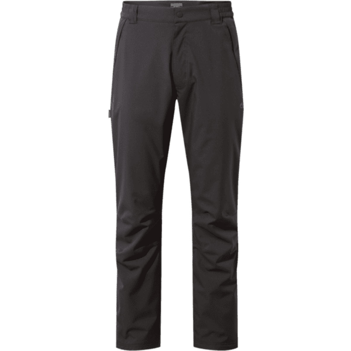 Black thermo trousers with a waterproof design, featuring pockets and a branding logo.