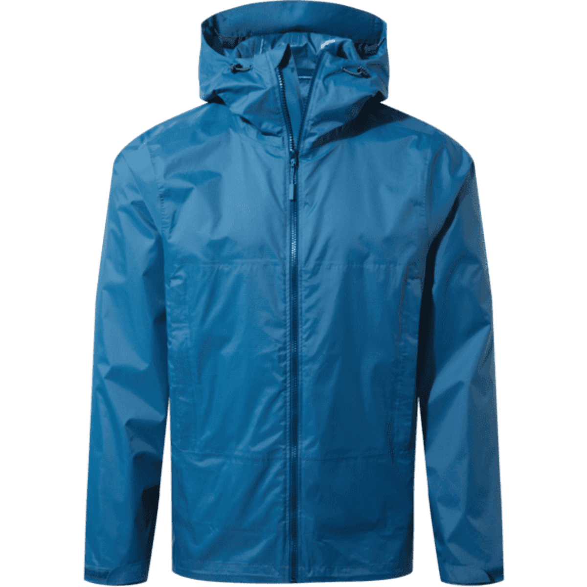 A packable rain jacket in a vibrant blue colour with a hood and zip closure, featuring a logo on the chest.
