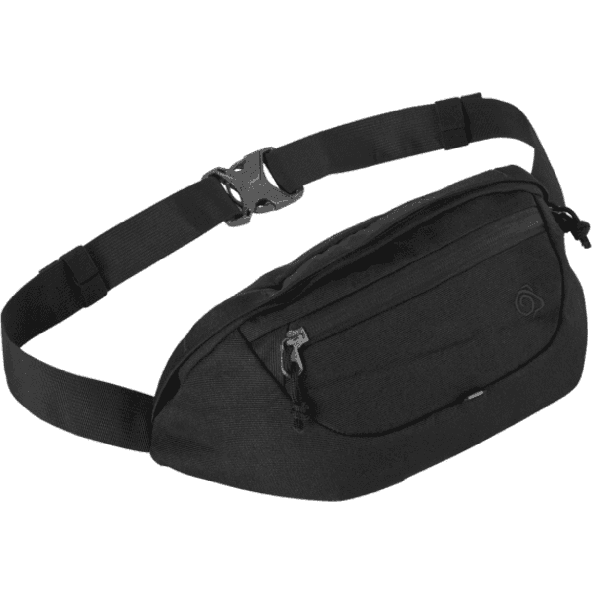 A black waist pack featuring a zippered compartment and an adjustable strap. It has a logo on the front.