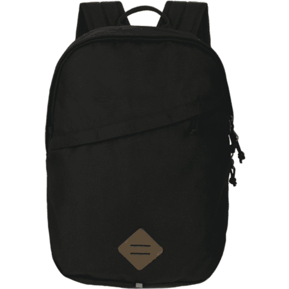 A black backpack with two shoulder straps and a logo on the front, featuring a sleek and minimalist design.