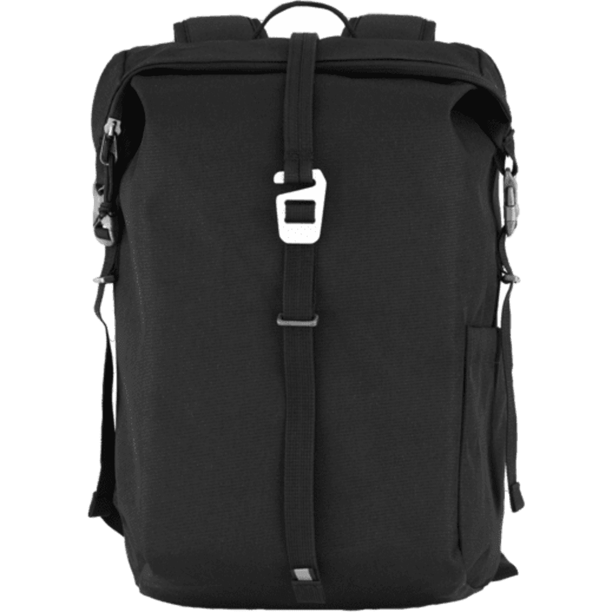 A black rolltop backpack featuring a buckle closure, side pockets, and adjustable straps. Includes a logo.