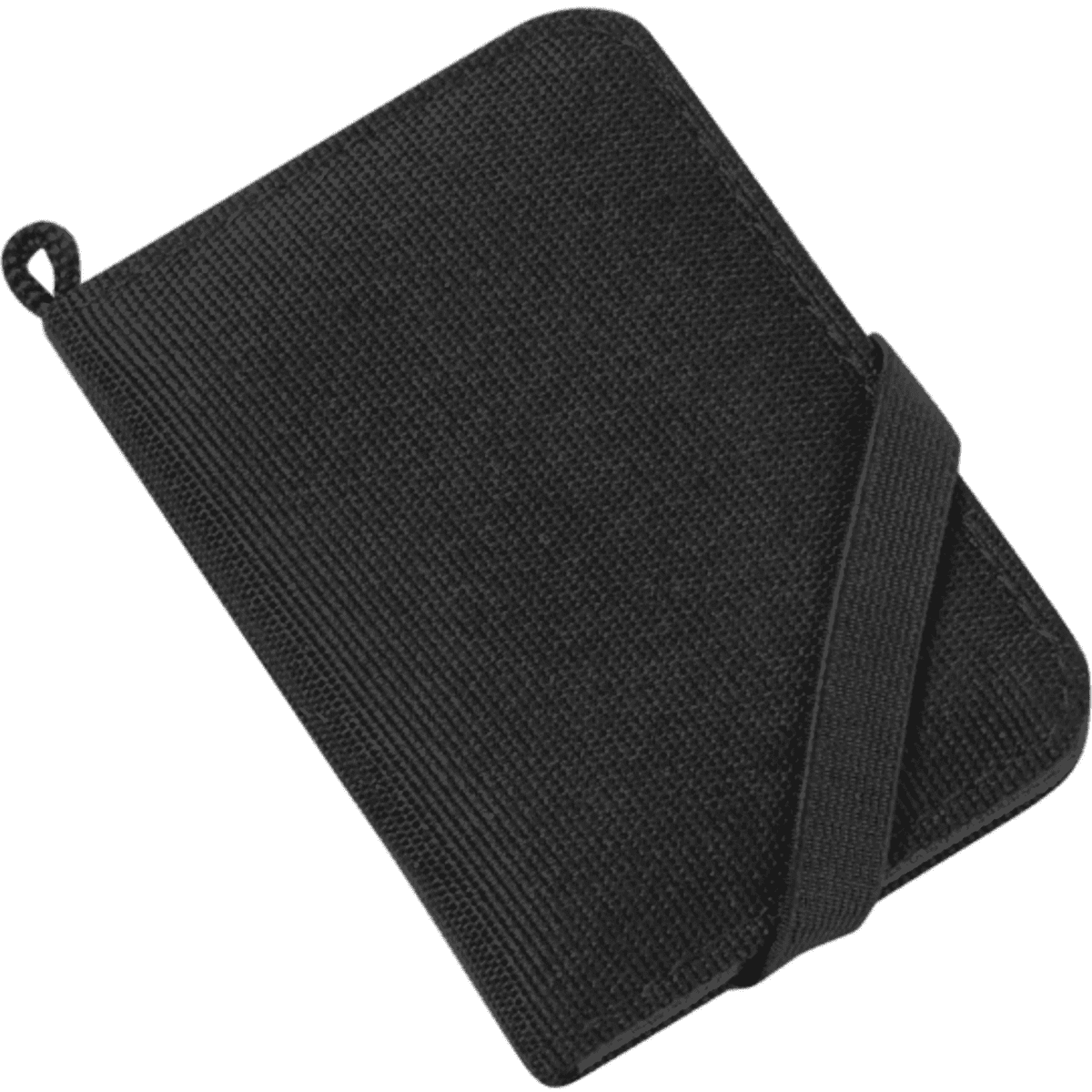 A black card wallet with a textured surface and an elastic strap closure. It features a logo on the front.