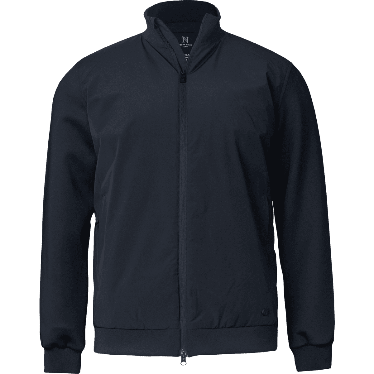 A navy blue hybrid jacket featuring a zip front and a stand-up collar, with a logo on the chest.