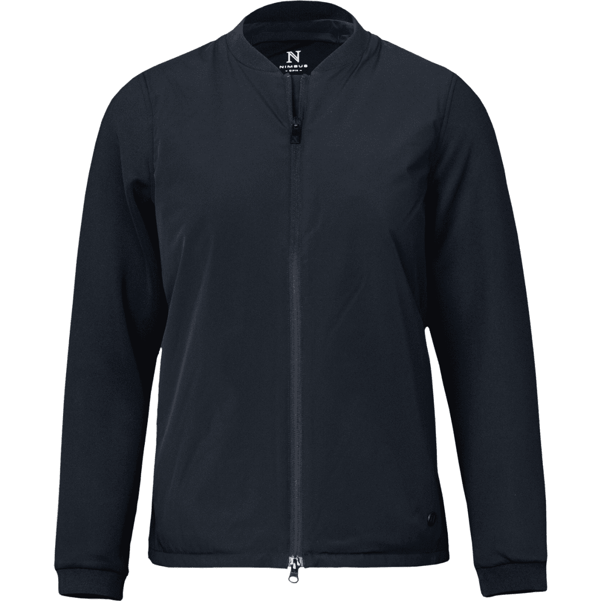 A women's hybrid jacket in navy, featuring a zip front and a logo on the interior label.
