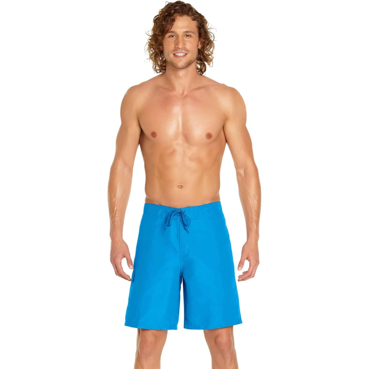 A man wearing bright blue cargo board shorts, featuring a drawstring waist and a logo.