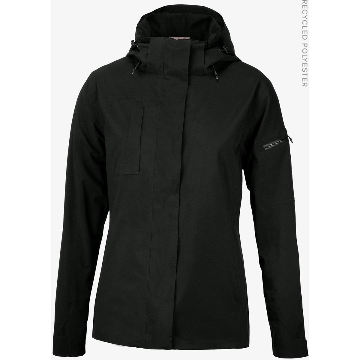 A black rain jacket featuring a high collar, hood, and zippered pocket, with a logo on the sleeve.