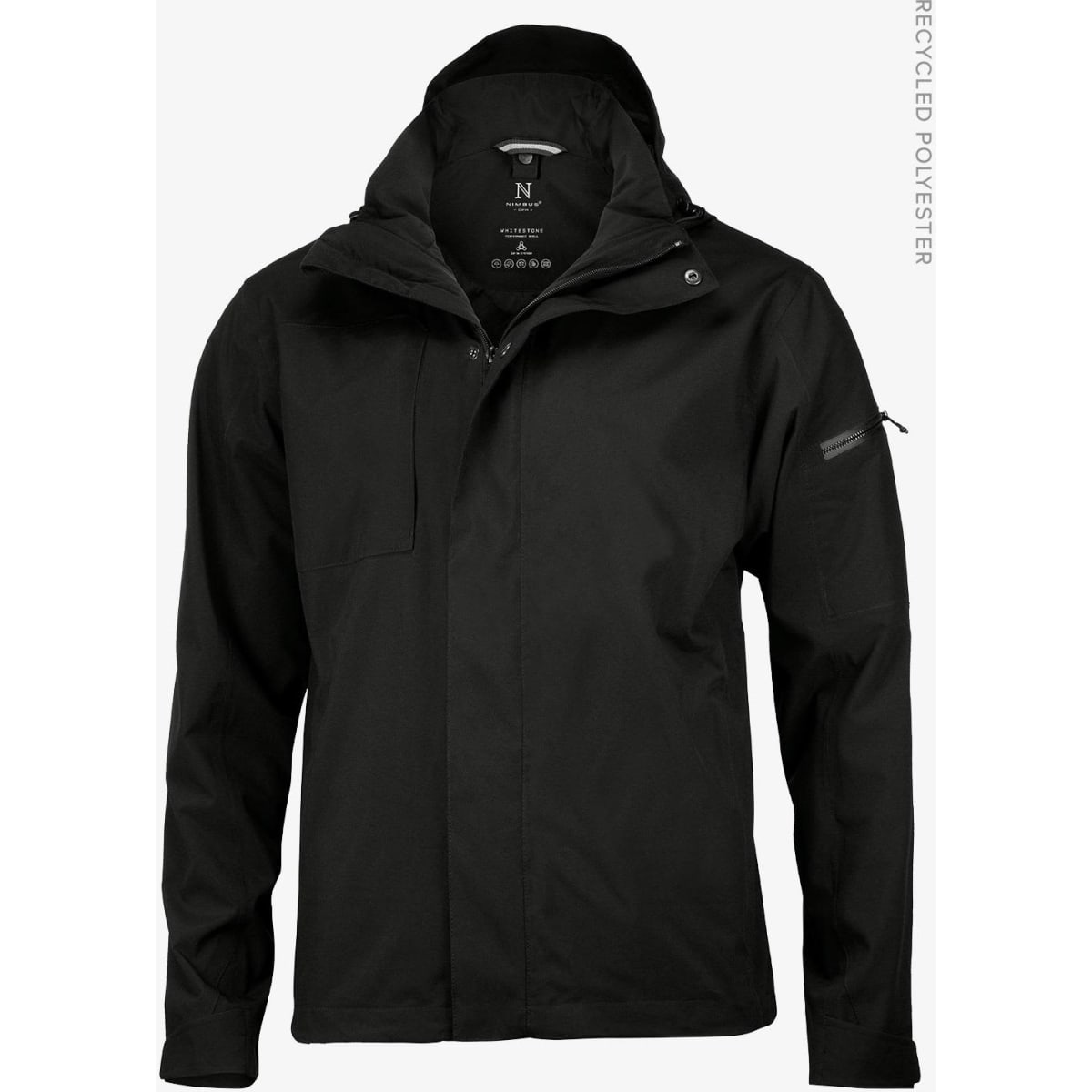 A black soft shell jacket with a hood, featuring a logo and front pocket. Made from recycled polyester.