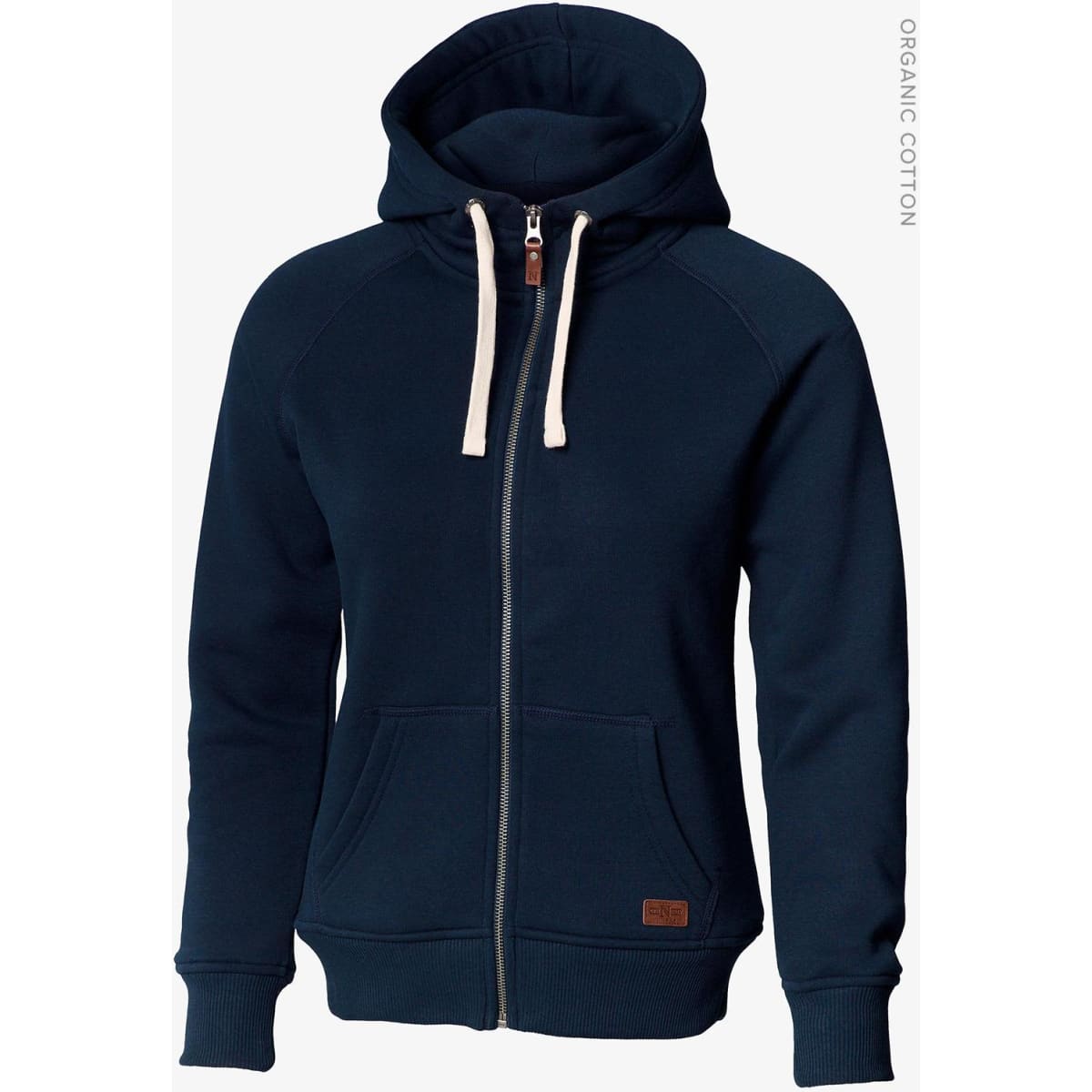 A navy blue hooded jacket with a full front zip, featuring a logo and made from organic cotton.