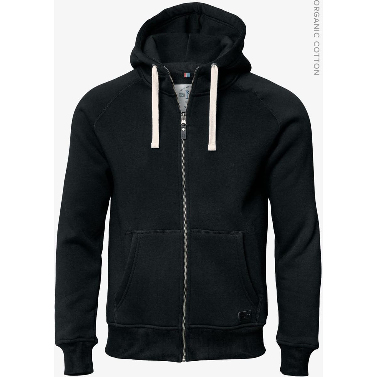A black zip-up hoodie with a hood, featuring a front pocket and contrasting drawstrings. Includes a logo.