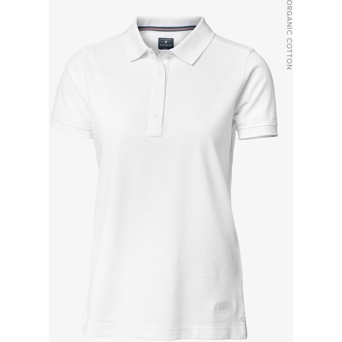 A white women's polo shirt with a collar and short sleeves. It features a logo on the chest.