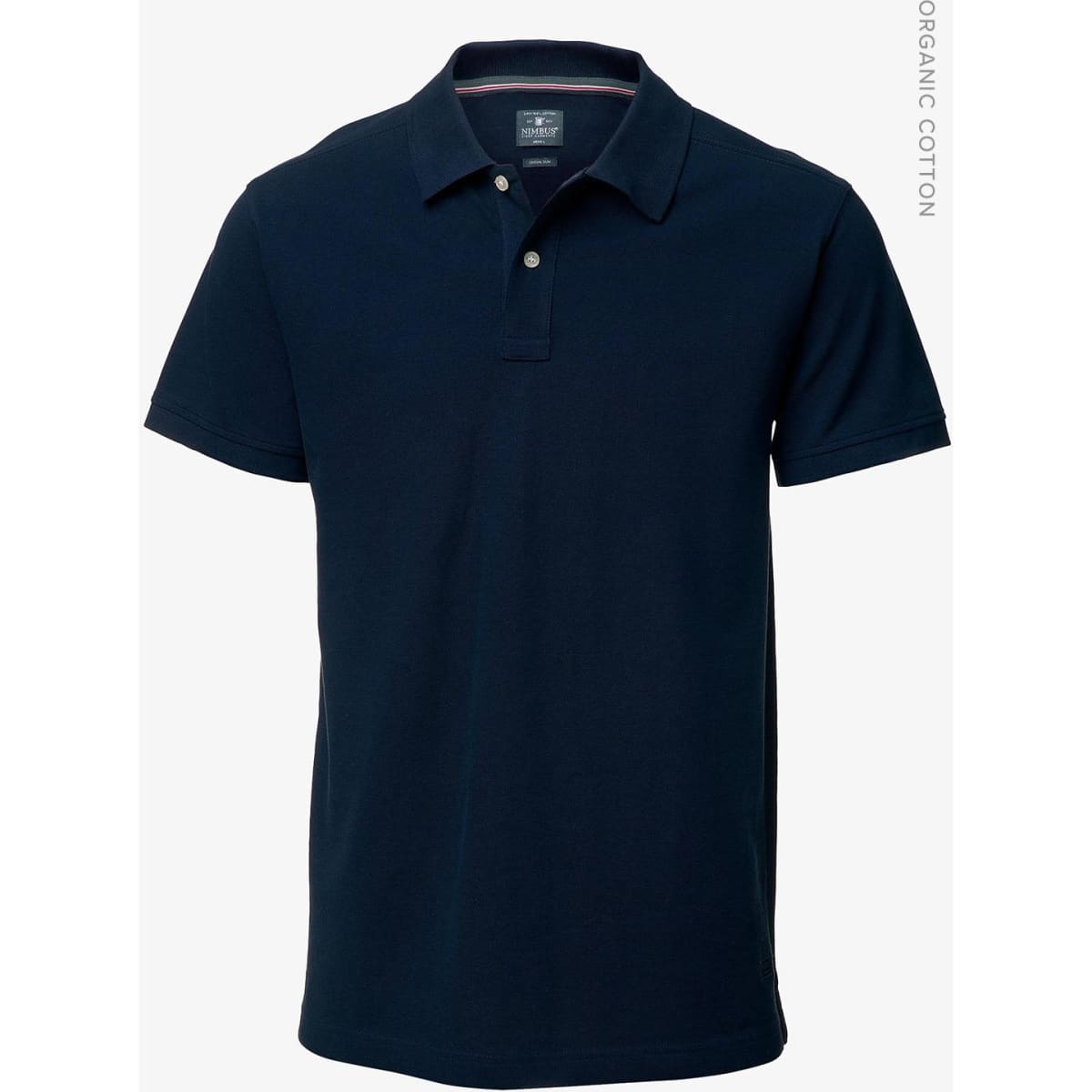 A navy blue polo shirt made from organic cotton, featuring a classic collar and three-button placket.