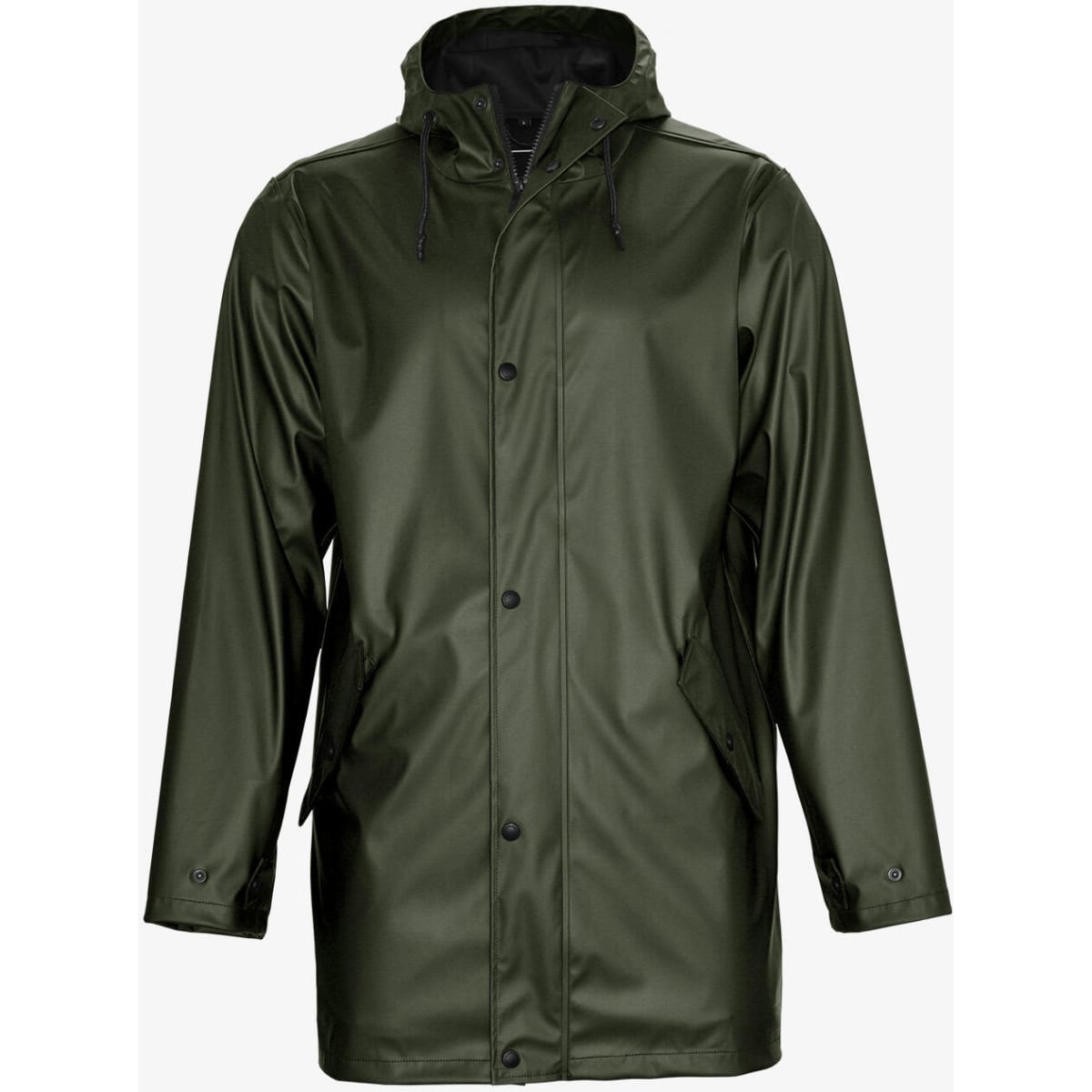 A green unisex jacket featuring a hood, front buttons, and side pockets. It has a smooth, shiny finish and includes a logo.