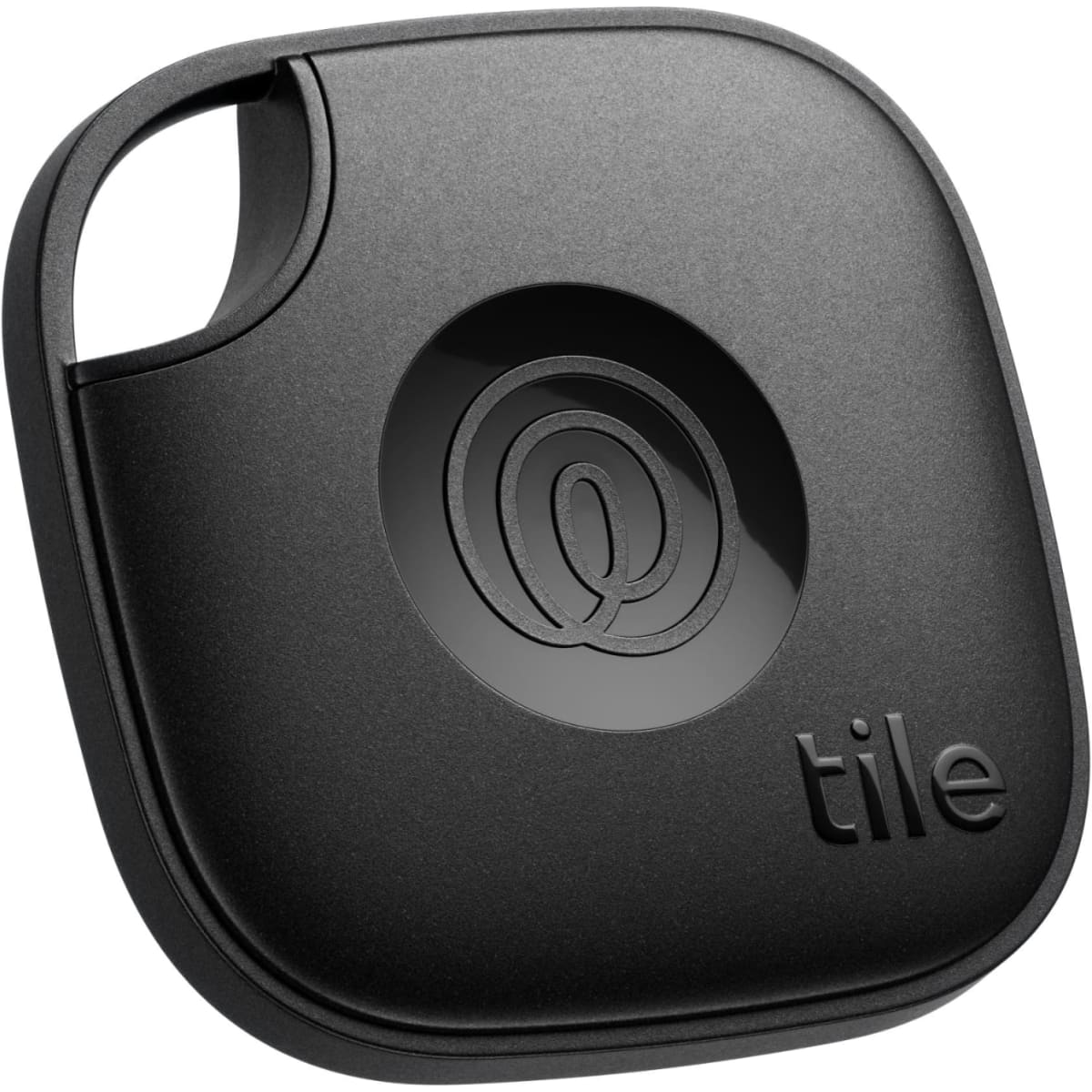 A black Tile Mate tracking device featuring a circular logo and a smooth surface.