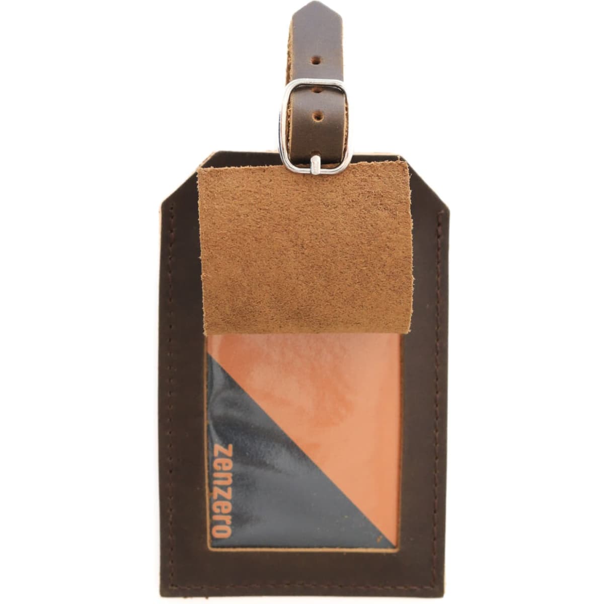 A genuine leather luggage tag in brown with a transparent window and a buckle attachment.